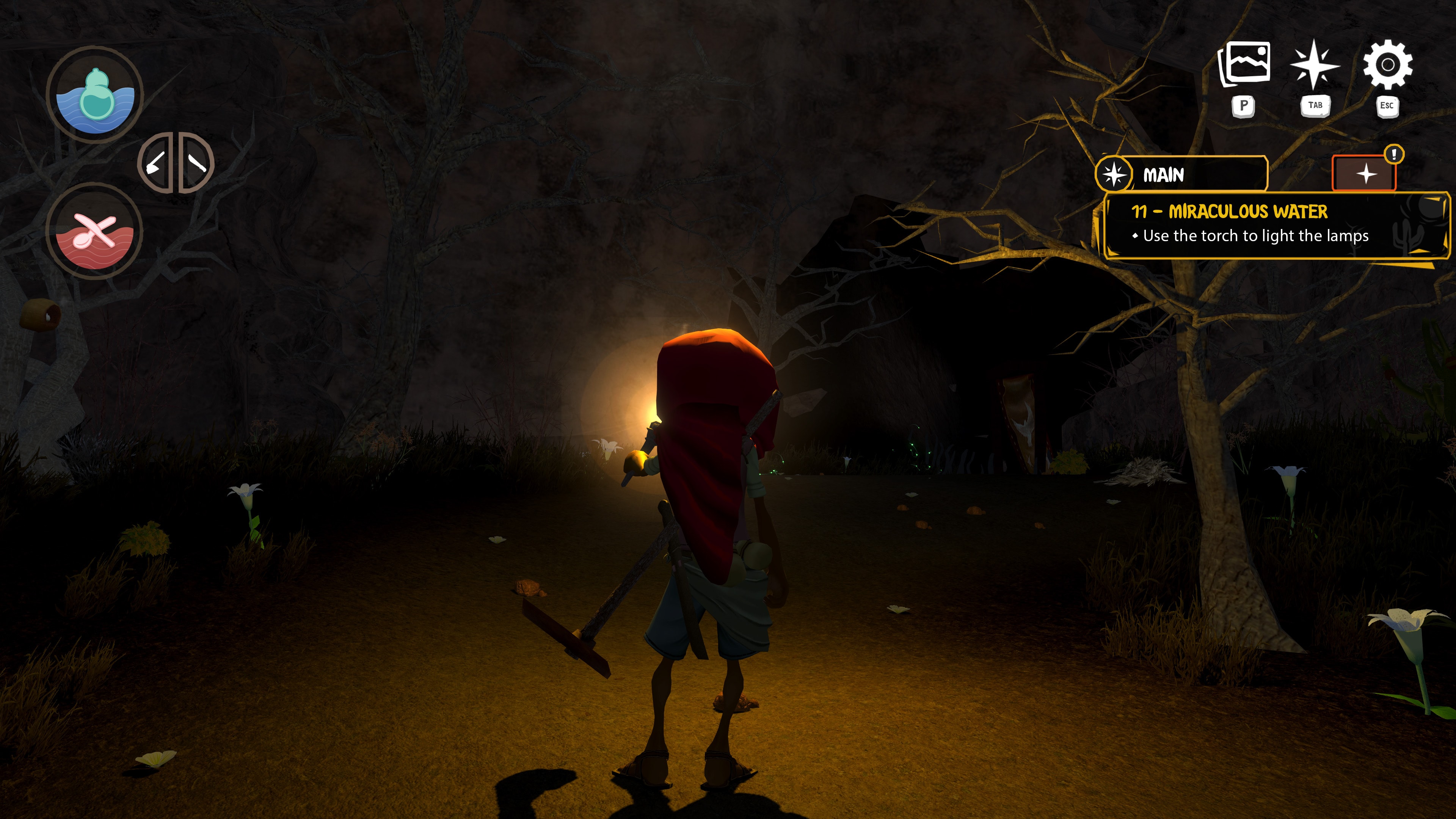 Cícera lights the way with a torch in the dark — ARIDA 2: Rise of the Brave